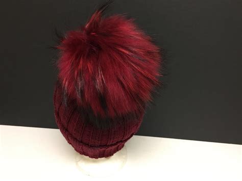 Ribbed Wool Beanie Hat Raccoon Fur Pom Pom