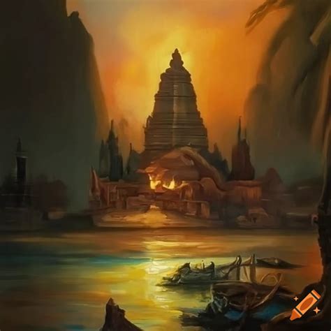 Oil Painting Of A Mysterious Island With An Ancient Temple