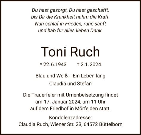 Traueranzeigen Von Toni Ruch Trauer Op Online De