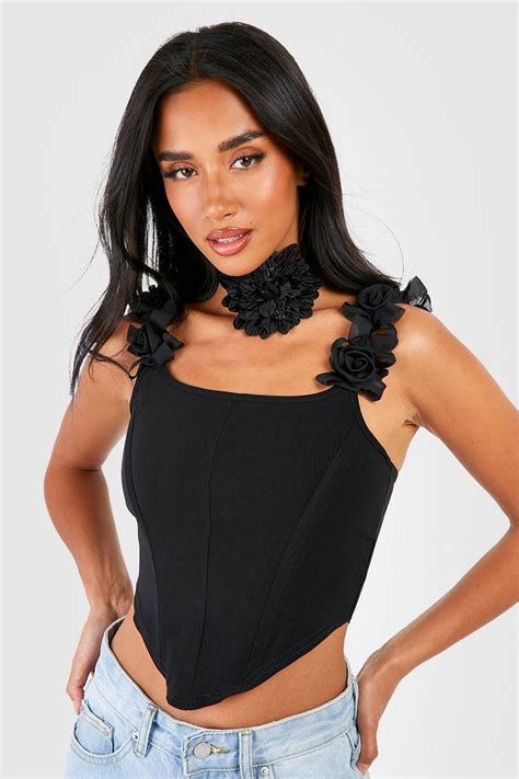 Black Petite Corsage Trim Corset Boohoo Uk