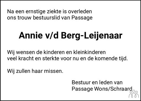 Antje Annie Van Den Berg Leijenaar 26 11 2021 Overlijdensbericht En