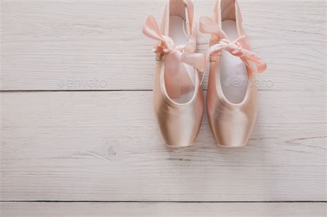 Pink Ballet Pointe Shoes On White Wood Background Stock Photo By