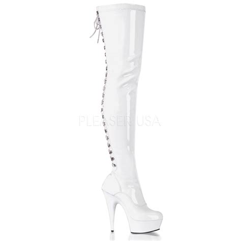 Pleaser Delight 3063 White Stretch Pat Lace Up Back Thigh High Boots