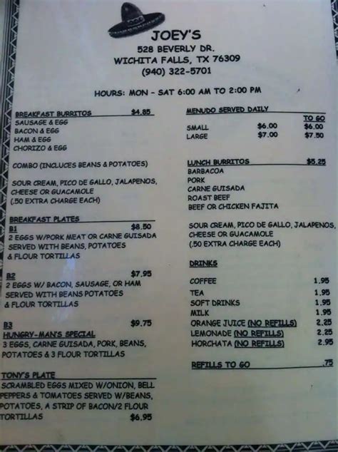 Menu At Joeys Restaurant Wichita Falls 528 Beverly Dr