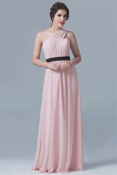 Robe De Cérémonie Rose Longue Asymétrique Plissé Avec Une Ceinture