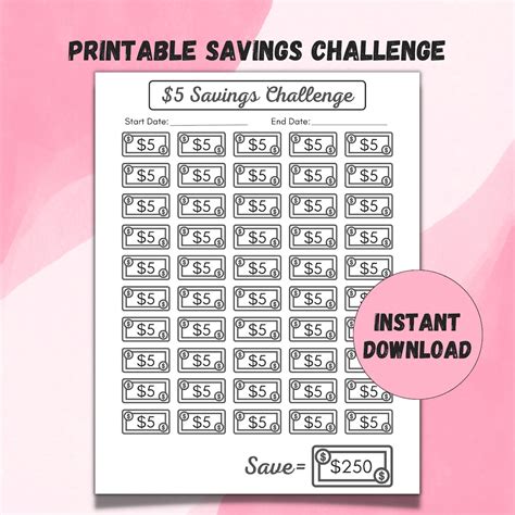 5 Dollar Savings Challenge Printable Mini Savings Tracker 50 Day Money Challenge Savings Goal