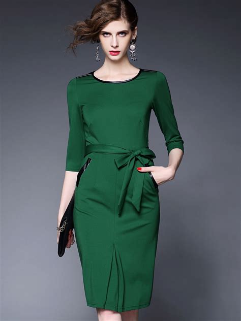 Green Round Neck Length Sleeve Tie Waist Pockets Dress Wear To Work