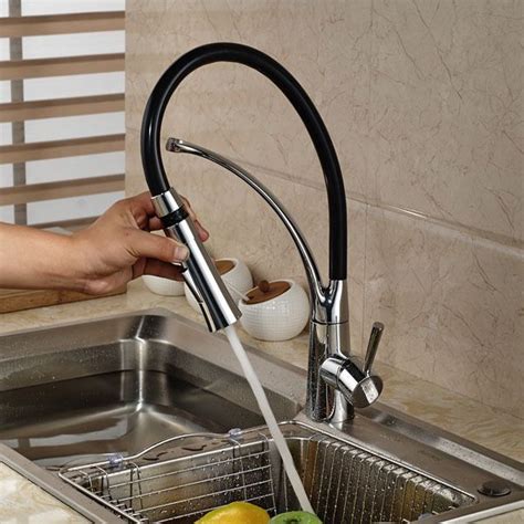 Black And Chrome Finish Kitchen Sink Faucet Deck Mount Pull Out Dual Sprayer Nozzle Hot Cold