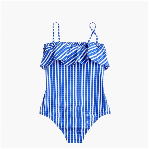 J Crew Ruffle Bandeau One Piece Swimsuit In Puckered Stripe For Women