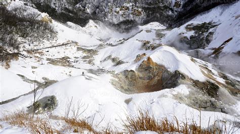 Noboribetsu onsen snow winter landscape hell valley closeup 10120524 ...