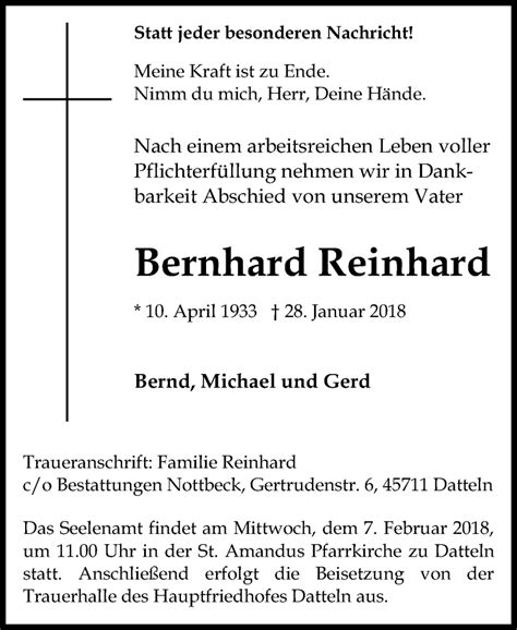 Traueranzeigen Von Bernhard Reinhard Sich Erinnern De