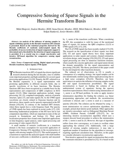 Pdf Compressive Sensing Of Sparse Signals In The Hermite Transform Basis