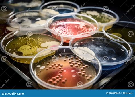 Microbial Cultures Growing On Agar Plates With Petri Dishes And