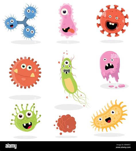 Cute Bacteria Virus Germ Cartoon Character Set Stock Vector Image