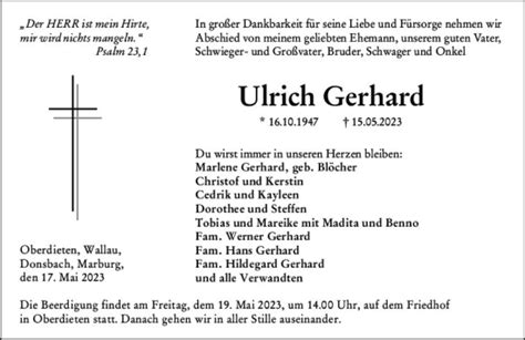 Traueranzeigen Von Ulrich Gerhard Vrm Trauer De