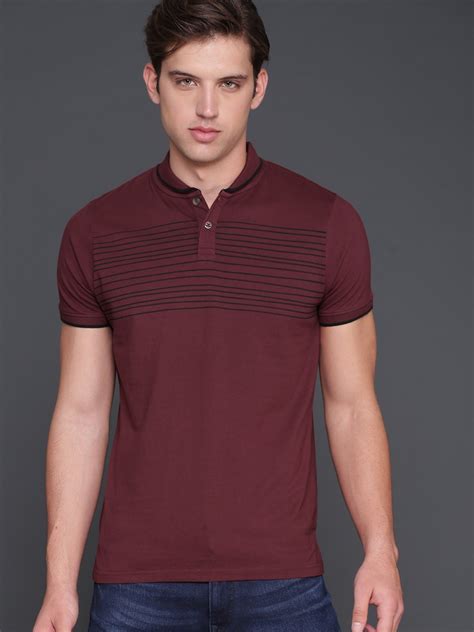 Buy Wrogn Men Maroon Striped Polo Collar Pure Cotton T Shirt Tshirts