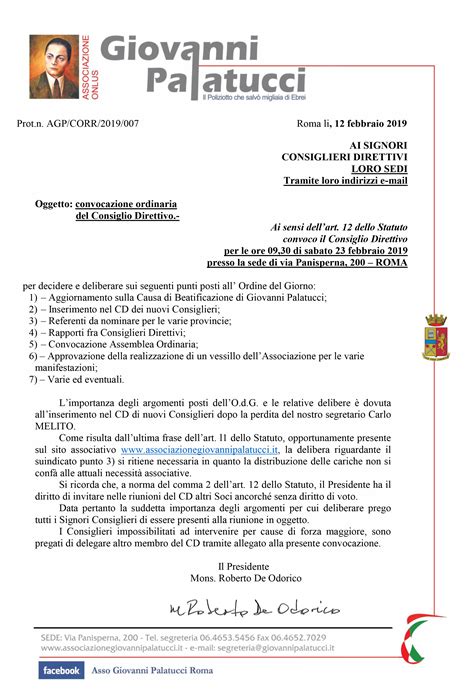 Febbraio Convocazione Consiglio Direttivo Associazione O N L U S