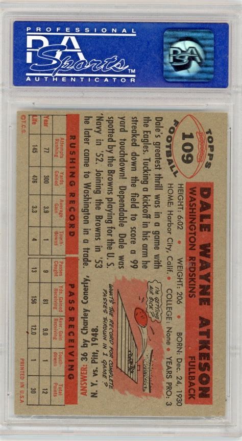 1956 Topps Football Card 109 Dale Atkeson PSA 8 OC EBay