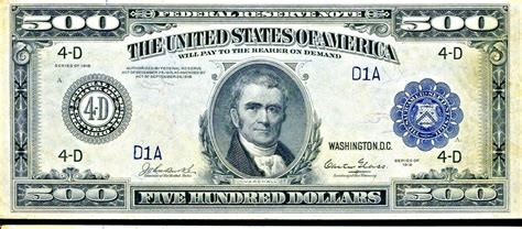 Reproduction US $500 Dollar Bill, Series 1918 Large size with BLUE seal ...