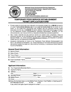 AZ Temporary Food Service Establishment Permit Application Form Fill