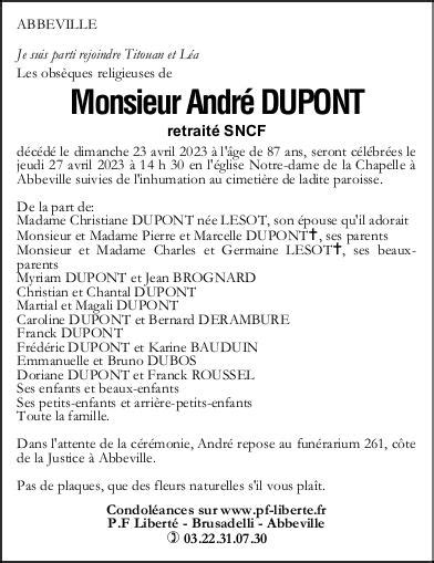 Avis De Décès De André Dupont Pompes Funèbres Liberté Brusadelli