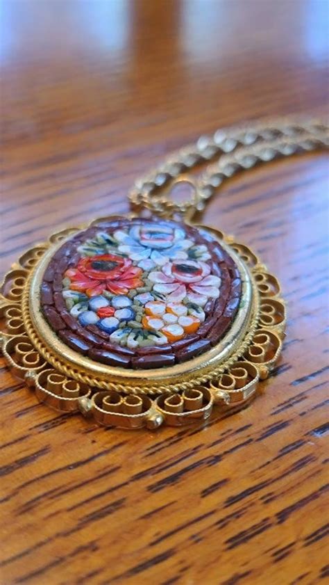 Italian Glass Mosaic Pendant Necklace Gem