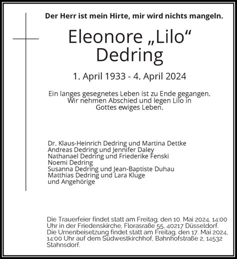 Alle Traueranzeigen für Eleonore Dedring trauer rp online de