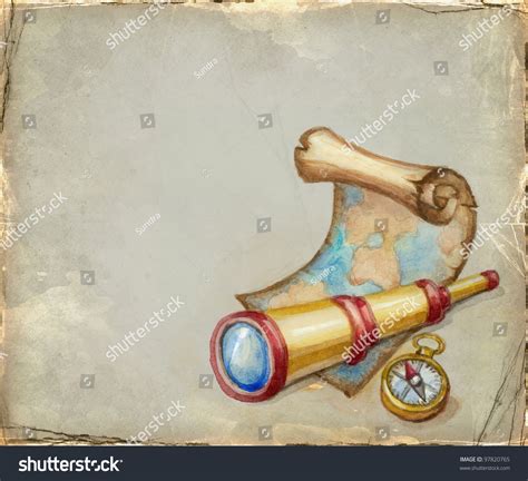 Watercolor Illustration Spyglass Map Compass On 스톡 일러스트 97820765 Shutterstock