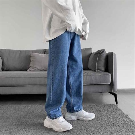 Korean Style Straight Jeans Mens Fashion Casual Retro Blue Jeans Men