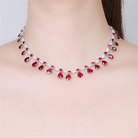 Princess Graduated Pear Drop Ruby And Diamond Cz Silver Choker Tennis