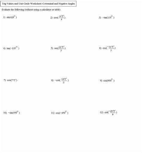 Unit Circle Trigonometry Worksheet Pdf