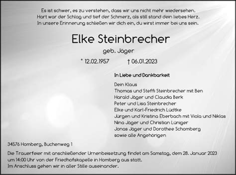 Traueranzeigen Von Elke Steinbrecher Trauer Hna De