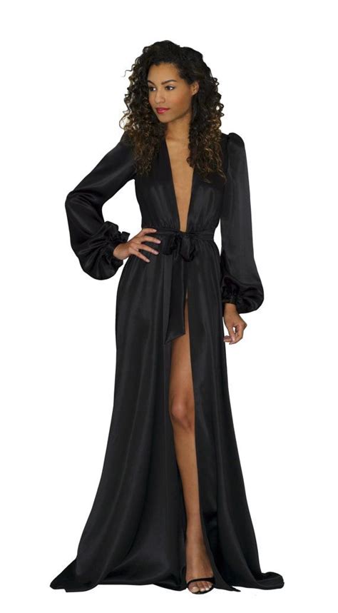 Simone 100 Silk Robe Black Silk Satin Floor Length Robes Long