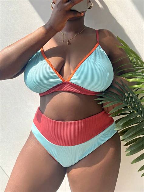 SHEIN Swim SPRTY Plus Ringer Ribbed Bikini Set Buckle Cami Bra High Waisted Bottom Piece