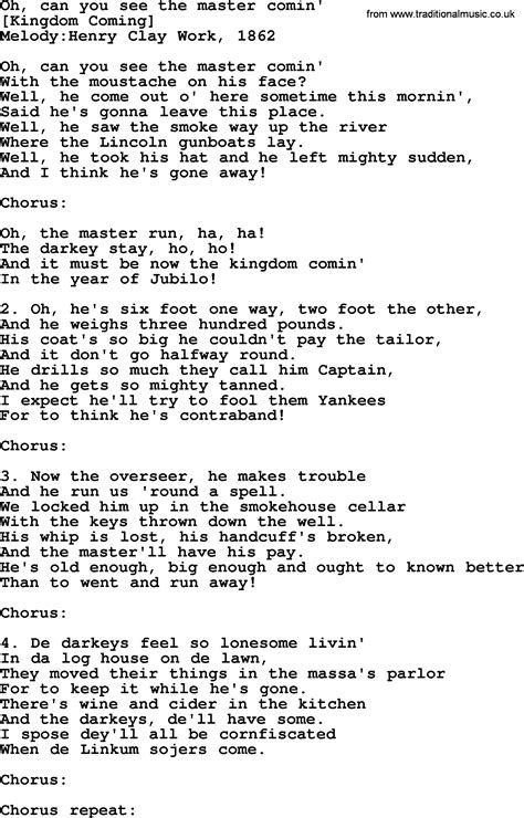 Old American Song Lyrics For Oh Can You See The Master Comin With Pdf