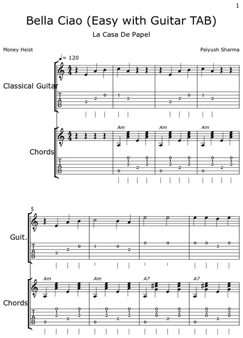 Bella Ciao Easy With Guitar Tab Sheet Music For Classical Guitar