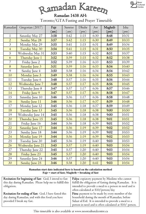 Islamic Prayer Times Printable