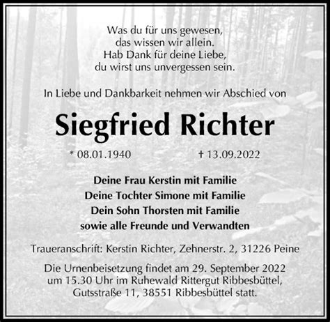 Traueranzeigen Von Siegfried Richter Trauer Anzeigen De