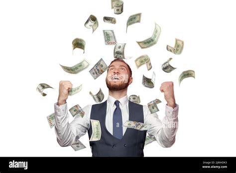 Happy Successful Man Standing Under Money Rain Isolated On White