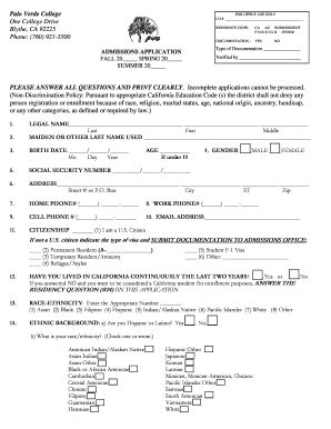 Fillable Online Paloverde Admissions Application Palo Verde College