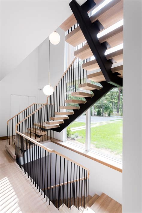 Steel Spindle Railing On Floating Stairs Hamptons NY Keuka Studios