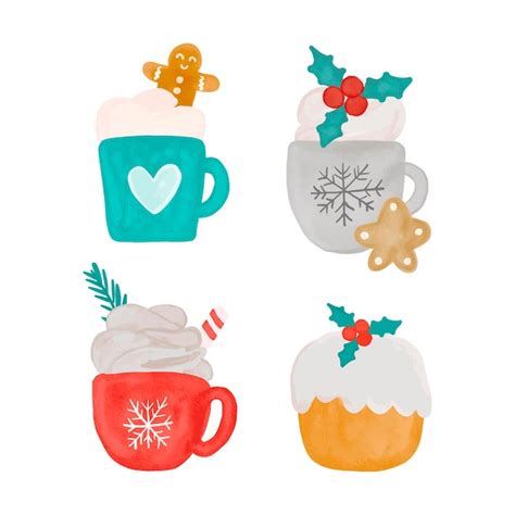 Premium Vector Hot Cocoa Watercolor Christmas Mug Set Grey Red