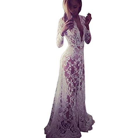 Buy Wispun Women Sexy Deep V Long Sleeve Lace Maxi Dresses See Through