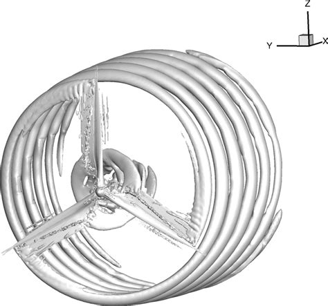 Isosurfaces Of Detached Blade Tip And Root Vortices Following The