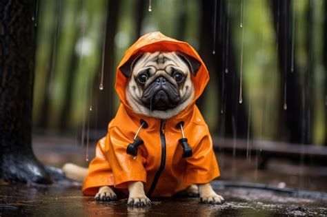 Premium Photo Humorous Pug In Orange Raincoat On A Rainy Day