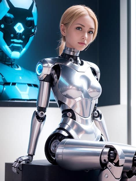 Premium Photo Beautiful Female Cyborg Sitting In A Futuristic Sci Fi