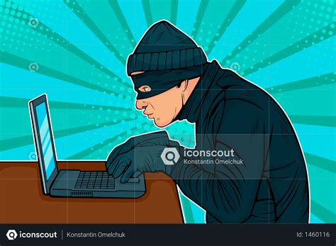 Premium Caucasian Hacker Thief Hacking Into A Computer Illustration