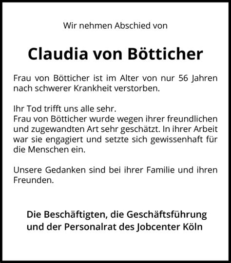 Traueranzeigen Von Claudia Von B Tticher Wirtrauern