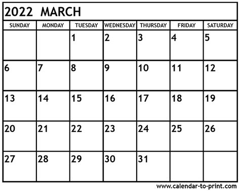 March 2022 Calendar Printable