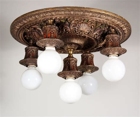 Handsome Antique Flush Mount Pewter Light Fixture Polychrome Finish Nc1081 For Sale Antiques